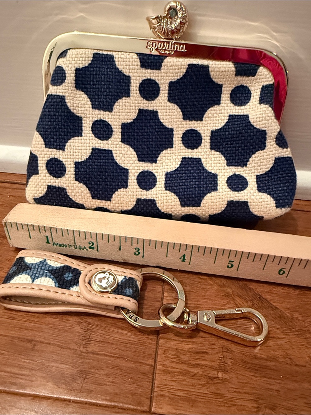 Spartina 449 Navy and Cream Geometric Kiss-Lock Coin Purse with Key Fob - Picture 6 of 13